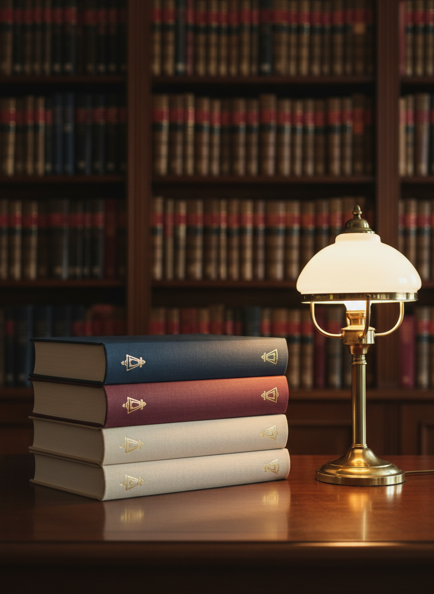 A carefully arranged stack of hardcover books with linen-textured dust jackets in deep navy, burgundy, and cream, each embossed with a small, elegant lampion emblem in metallic gold foil. The books rest on a dark walnut desk beside an antique-style brass table lamp with a frosted glass shade. Warm, soft light from the lamp pools across the covers, revealing subtle grain and printing details while the rest of the study fades into a gentle blur of shelves and leather spines. Photographic realism, eye-level composition with shallow depth of field, creating a professional, contemplative atmosphere that conveys the seriousness and refinement of a classic publishing house.