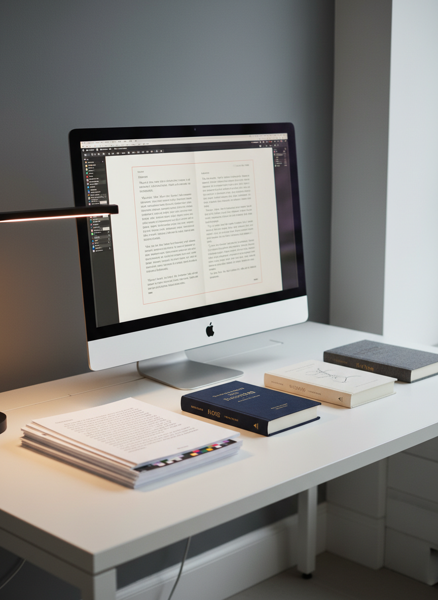 A minimalist, modern publishing workspace featuring a large, high-resolution computer monitor displaying a clean book layout with balanced margins and classic typography. Surrounding the monitor are carefully arranged printed proofs, each with precise crop marks and color bars, alongside a few finished books with cloth and matte covers in subdued, sophisticated tones. The setting is a tidy white desk against a charcoal wall, lit by diffused overcast light from a nearby window and a slim, warm LED task lamp. Photographic realism, three-quarter angle with moderate depth of field, conveying a meticulous, professional atmosphere focused on editorial excellence and design precision.