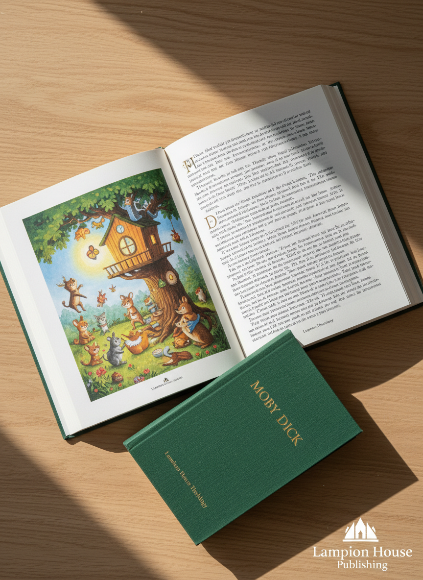 A beautifully designed open book lying on a smooth, pale oak tabletop, its pages featuring a richly illustrated children’s scene on one side and crisp, serif theological text on the other, symbolizing the breadth of Lampion House Publishing’s catalog. Nearby, a slim volume of classic literature with a fabric cover and foil-stamped title rests partially overlapping. Soft morning light filters through an unseen window, casting delicate shadows along the page edges and illuminating the subtle texture of the paper. Photographic realism, top-down perspective with sharp focus across the frame, creating a calm, thoughtfully curated environment suitable for a professional publishing website hero image.