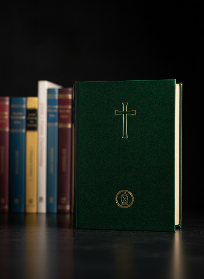A close-up of a single elegant theological volume standing upright on a reflective black surface, its deep forest-green leatherette cover adorned with a subtle cross motif and Lampion House’s lampion emblem debossed in gold. The book’s pages have softly gilded edges that catch the light. Behind it, slightly out of focus, are faint rows of classic titles and children’s books in complementary colors. Dramatic side lighting from the right creates a gentle rim of light along the spine and edges, with a dark, velvety background. Photographic realism, centered composition with shallow depth of field, projecting gravitas, tradition, and enduring literary value.