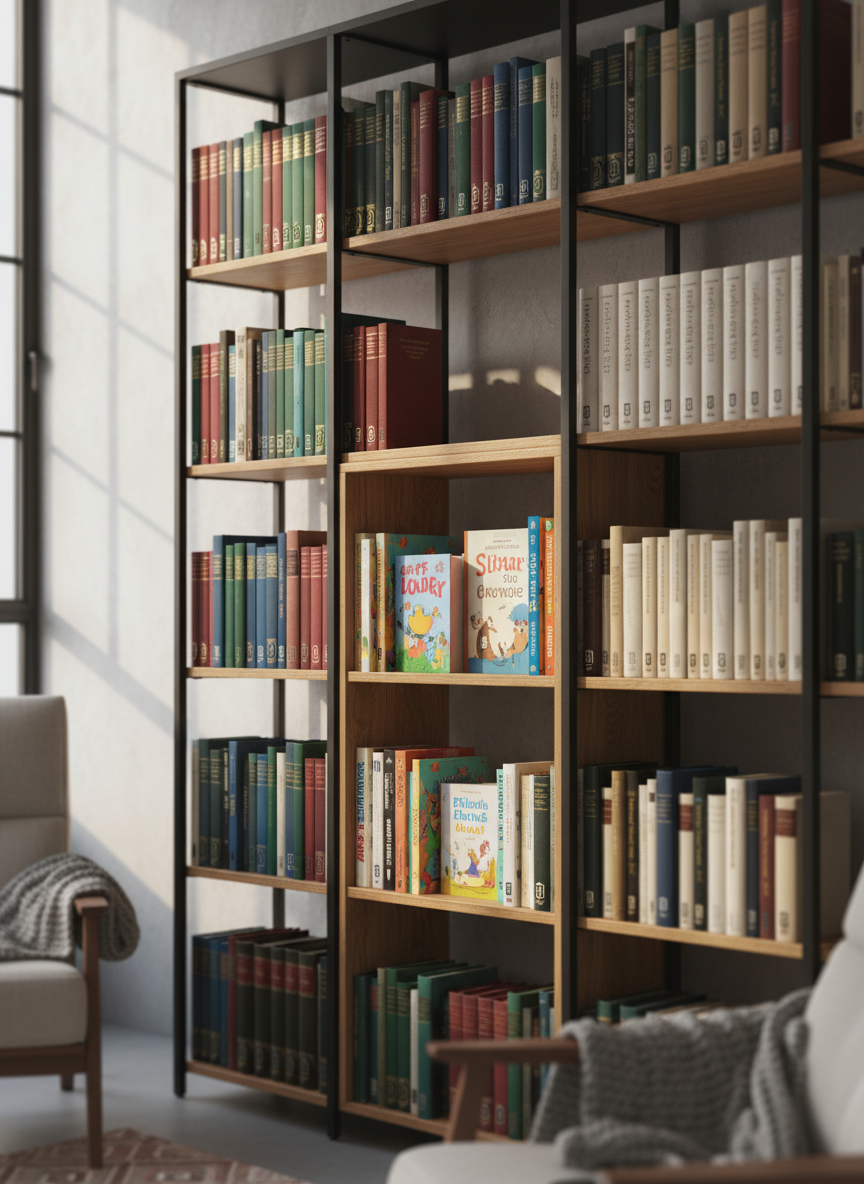 An inviting bookshelf filled with neatly aligned theological works, children’s storybooks, and classic literature, each spine distinct in color and typography, all bearing a small lampion logo near the base. The shelves are matte black metal with natural oak inserts, set against a muted stone-gray wall in a modern studio. Afternoon window light streams in from the left, creating soft, angled highlights along the spines and subtle shadows between the books. Photographic realism, slightly angled perspective using the rule of thirds, with the central shelf crisply in focus and upper and lower shelves gradually softening into bokeh, evoking order, depth, and intellectual richness.
